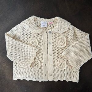 Zara Cream Crochet Knit Sweater with Floral Detail, 18/24 mo